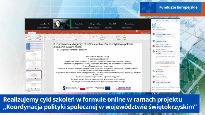 Zrzut ekranu ze szkolenia online na którym widać prezentację PowerPoint i prowadzącego szkolenie