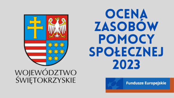 Herb województwa świętokrzyskiego oraz napis ocena zasobów pomocy społecznej 2023