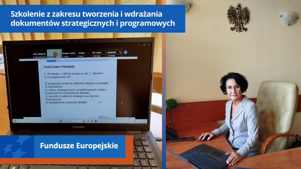 Po lewej stronie ekran komputera ze szkoleniem prowadzonym online. Po prawej Dyrektor Regionalnego Ośrodka Polityki Społecznej w Kielcach Elżbieta Korus