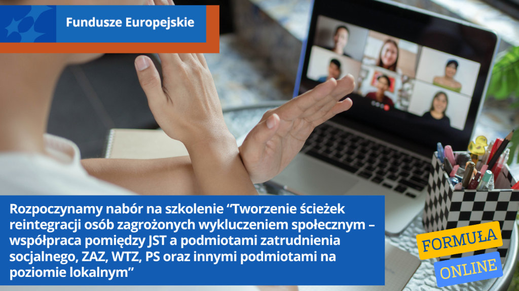 Laptop leży na biurku. Na ekranie wyświetlane są osoby z krótymi prowadzone jest spotkanie online