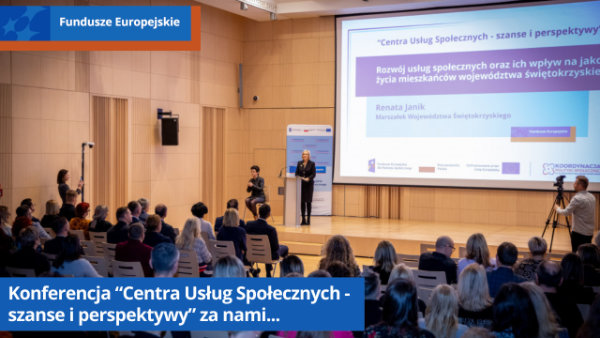 Widok na salę konferencjyjną z uczestnikami konferencji. Przemawia Marszałek Województwa Świętokrzyskiego Renata Janik