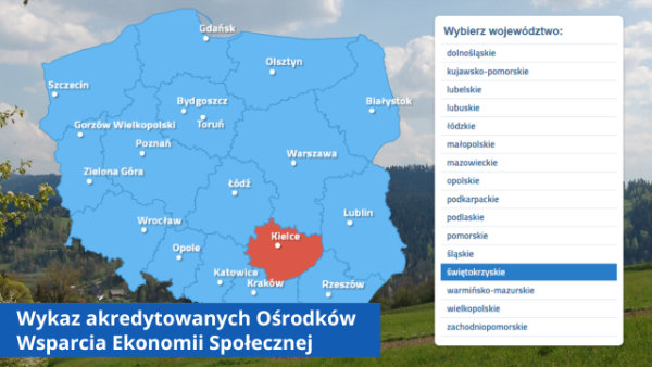 Mapa i lista województw z zaznaczonym województwem świętokrzyskim.