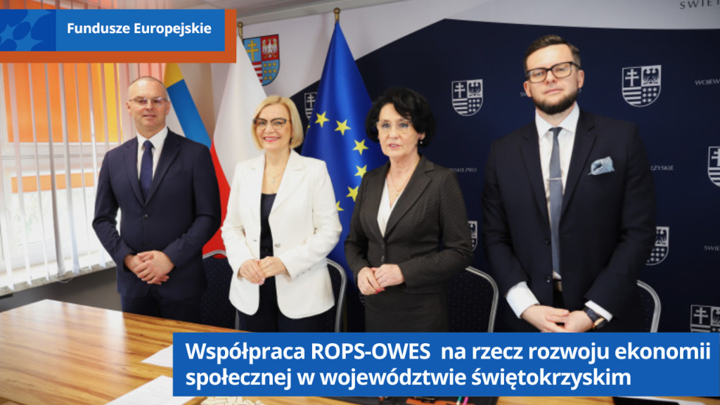 Od lewej: zastępca dyrektora Regionalnego Ośrodka Pomocy Społecznej Arkadiusz Ślipikowski, Marszałek Województwa Świętokrzyskiego Renata Janik, dyrektor Regionalnego Ośrodka Pomocy Społecznej Elżbieta Korus i przedstawiciel Departamentu Ekonomii Społecznej Ministerstwa Rodziny, Pracy i Polityki Społecznej Jakub Szewczyk