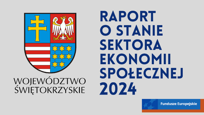 Herb województwa świętokrzyskiego i napis Raport o stanie sektora ekonomii społecznej 2024