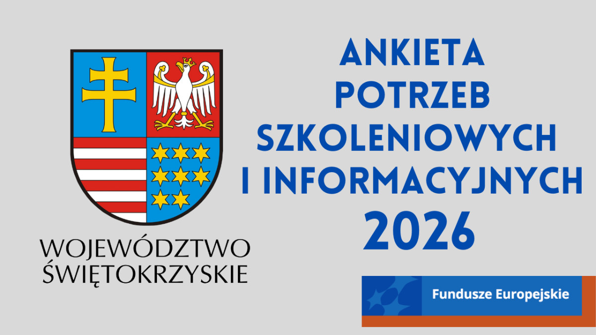 Herb województwa świętokrzyskiego i napis Ankieta potrzeb szkoleniowych i informacyjnych 2026