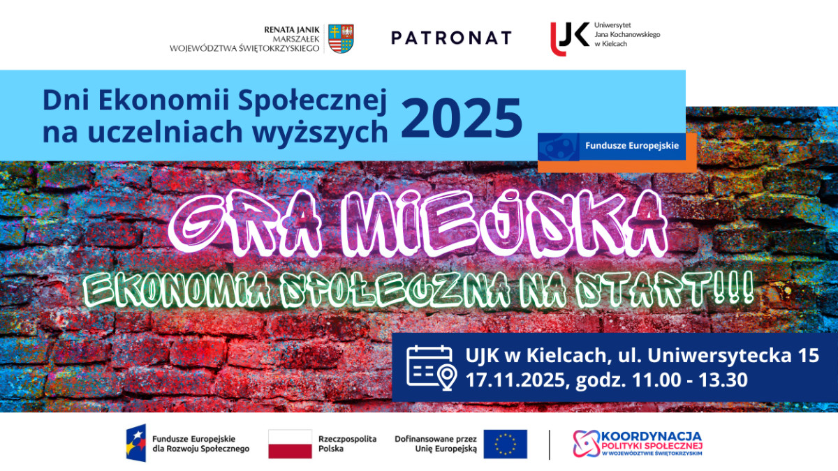 Grafika promująca Dni Ekonomii Społecznej na uczelniach wyższych 2025 i grę miejską Ekonomia Społeczna na start w Kielcach