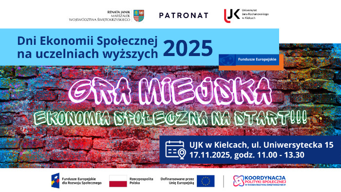 Grafika promująca Dni Ekonomii Społecznej na uczelniach wyższych 2025 i grę miejską Ekonomia Społeczna na start w Kielcach