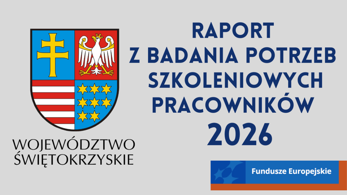 Herb województwa świętokrzyskiego i napis raport z badania potrzeb szkoleniowych pracowników 2026