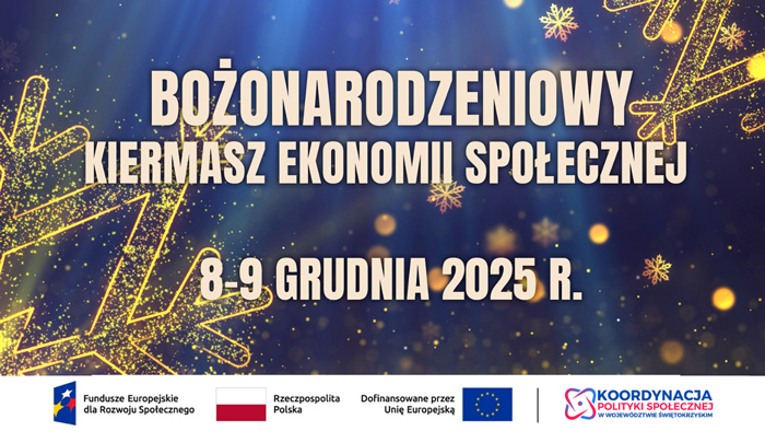 Żółte gwiazdki różnej wielkości na ngranatowym tle i napis Bożonarodzeniowy kierwasz ekonomii społecznej